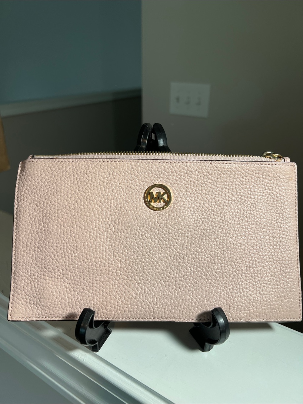 Michael Kors Blush Pebbled Leather Zip Clutch with Gold MK Logo